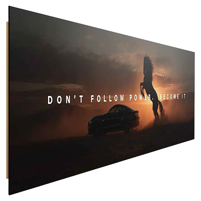 Dotcomcanvas Decopanel - Become Power, B x H: 52 x 156 cm - Rechteckiger gerahmter Kunstdruck mit schwarzem Ford Mustang, steigender Pferdesilhouette und Text 'DON'T FOLLOW POWER. BECOME IT' bei Sonnenuntergang.