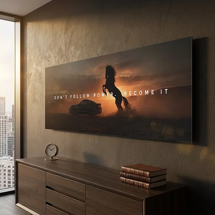 Dotcomcanvas Decopanel - Become Power, B x H: 52 x 156 cm - Großer wandmontierter Bildschirm mit einem Motivationsbild eines Autos und eines sich aufbäumenden Pferdes vor einem Sonnenuntergang, mit Text "Don't follow power. Become it."
