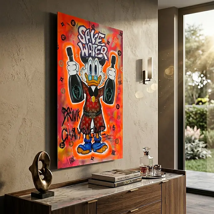 Dotcomcanvas Decopanel - Save Water Drink Champagne, B x H: 58 x 90 cm - Großes Pop-Art-Leinwandbild von Dagobert Duck mit Champagnerflaschen und "SAVE WATER DRINK CHAMPAGNE" als lebendige Wanddekoration.