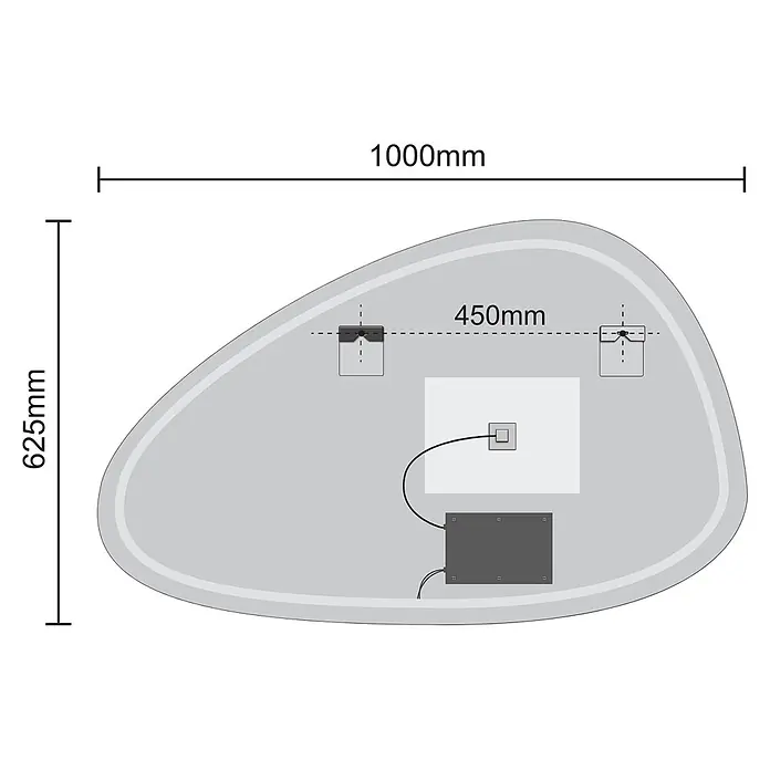LOMAZOO Lichtspiegel LMZ-VALENCIA - Glänzend weiß - Graue organisch geformte Platte, 1000x625mm, mit rückseitigen Montagehalterungen und elektrischen Komponenten.