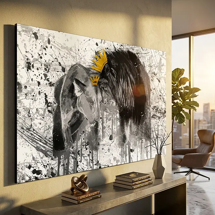 Dotcomcanvas Decopanel - King & Queen, B x H: 116 x 78 mm - Großformatiger Leinwanddruck mit zwei gekrönten Löwen im Schwarz-Weiß-Spritzlackstil, an der Wand über einer Konsole montiert.