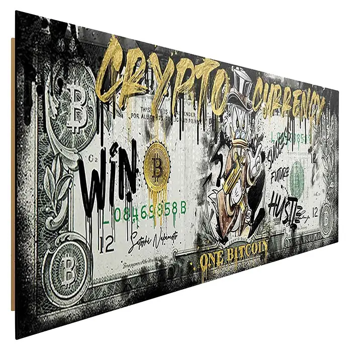 Dotcomcanvas Decopanel - Crypto Duck, B x H: 156 x 52 cm - Graffiti-Stil Krypto-Kunst auf Leinwand, mit einem Dollarnoten-Design, Bitcoin-Symbolen und einer Zeichentrickfigur, mit Wörtern wie „CRYPTO CURRENCY“.