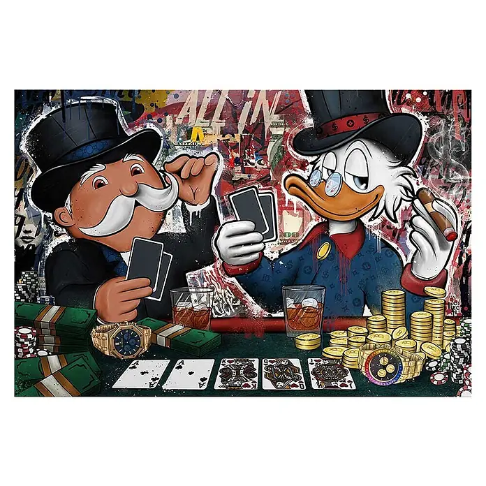 Dotcomcanvas Decopanel - All In, B x H: 116 x 78 mm - Pop-Art-Illustration von Mr. Monopoly und Dagobert Duck beim Pokern an einem Tisch voller Geld, Chips und Luxusuhren.