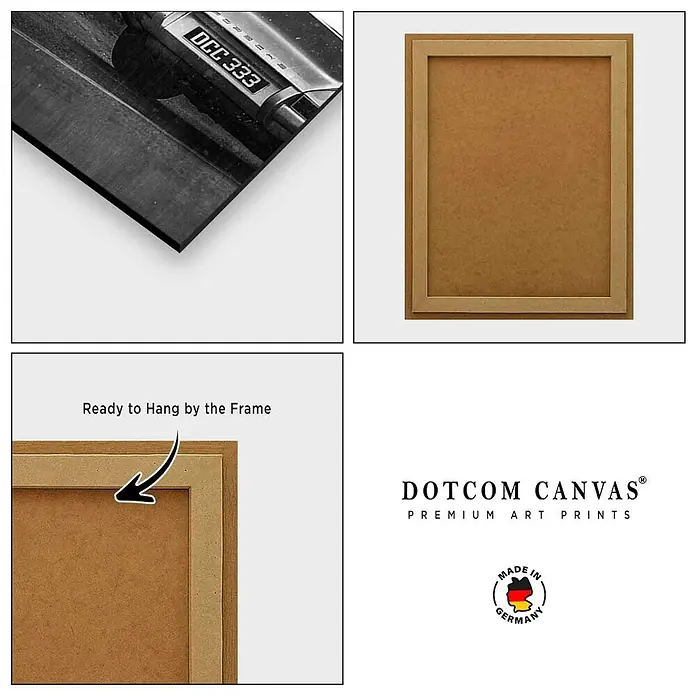 Dotcomcanvas Decopanel - It All Starts with a Dream, B x H: 58 x 90 cm - Gerahmter Kunstdruck mit Auto-Nahaufnahme, Vorder- und Rückseite gezeigt, mit hellbraunem Holzrahmen und aufhängebereitem Design.