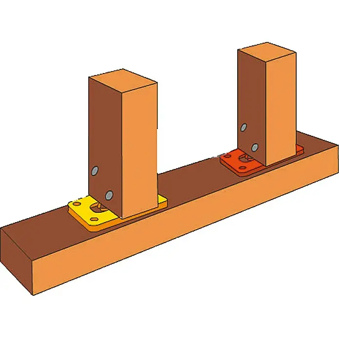 Abstandsklötze Quickfix - 125 Stk., Kunststoff - Illustration eines Holzpfostenträgers mit zwei Pfosten, die auf einer Holzbasis befestigt sind.