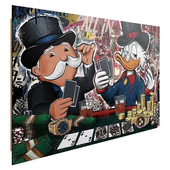 Dotcomcanvas Decopanel - All In, B x H: 116 x 78 mm - Farbenfroher Leinwanddruck mit Mr. Monopoly und Dagobert Duck beim Pokern, umgeben von Geld und Luxusartikeln.