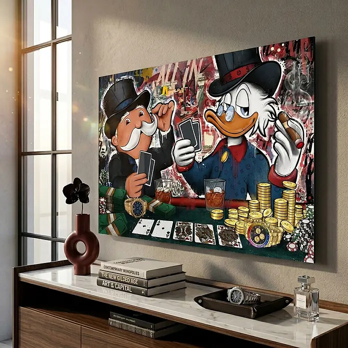 Dotcomcanvas Decopanel - All In, B x H: 116 x 78 mm - Großformatiger Kunstdruck mit Mr. Monopoly und Dagobert Duck beim Pokerspiel, in einem modernen Wohnraum.