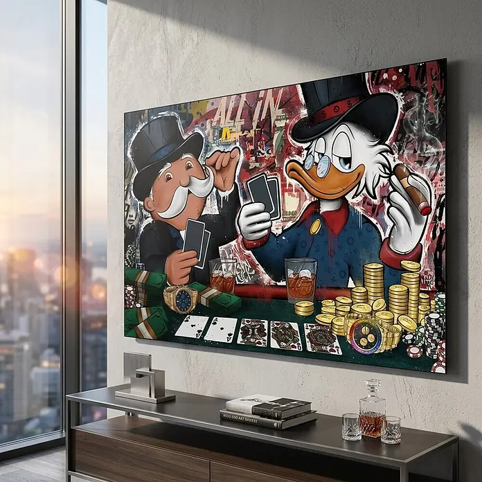 Dotcomcanvas Decopanel - All In, B x H: 116 x 78 mm - Großes Pop-Art-Leinwandbild mit Monopoly-Mann und Dagobert Duck beim Poker, in einem modernen Wohnraum ausgestellt.