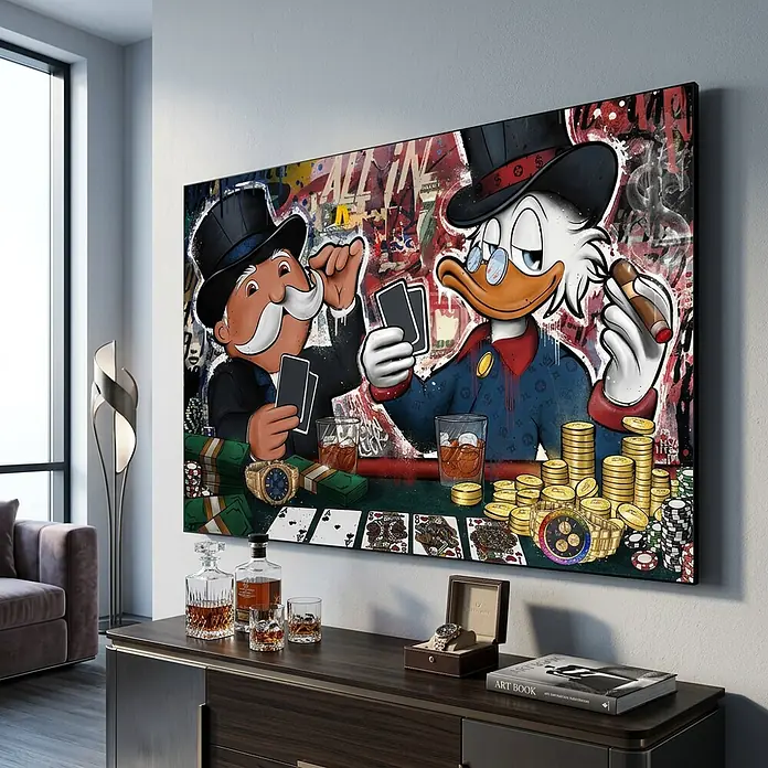 Dotcomcanvas Decopanel - All In, B x H: 116 x 78 mm - Großes gerahmtes Kunstwerk vom Monopoly-Mann und Dagobert Duck beim Pokern in einem modernen Raum.