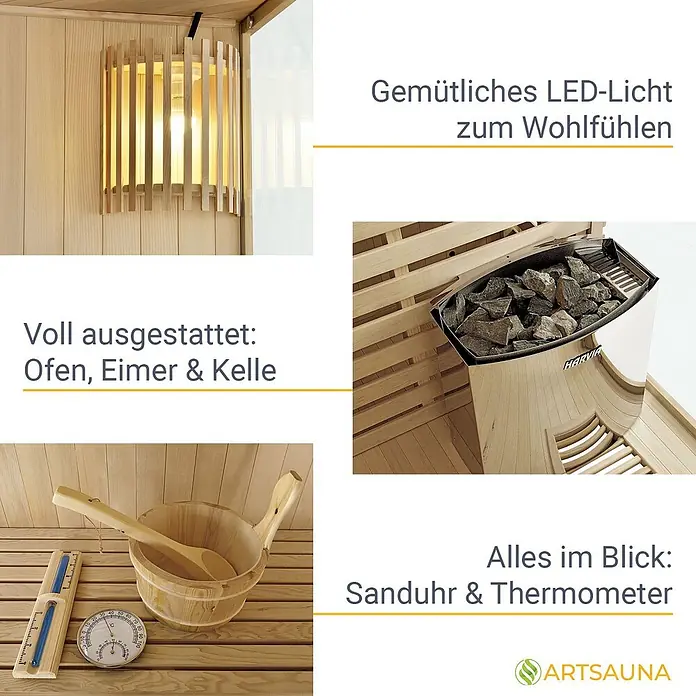 Artsauna Elementsauna Espoo - L x B x H: 200 x 200 x 200 cm - Komplett ausgestattete Sauna mit Holzbeleuchtung, Ofen, Eimer, Kelle, Thermometer und Sanduhr.