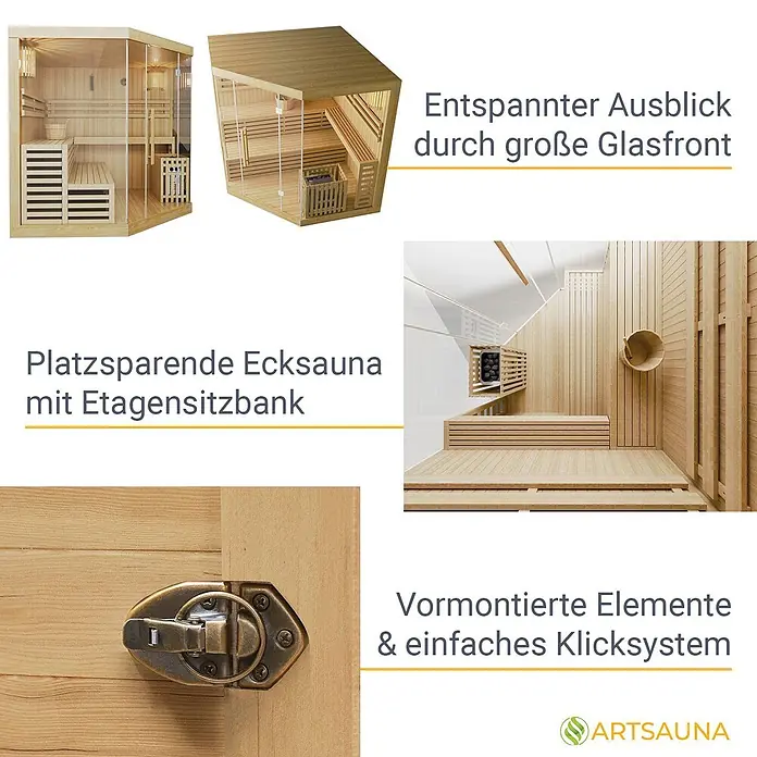 Artsauna Elementsauna Espoo - L x B x H: 200 x 200 x 200 cm - Eine helle Ecksauna aus Holz mit großer Glasfront, Etagenbänken und einfachem Türverschluss. Vormontierte Elemente.