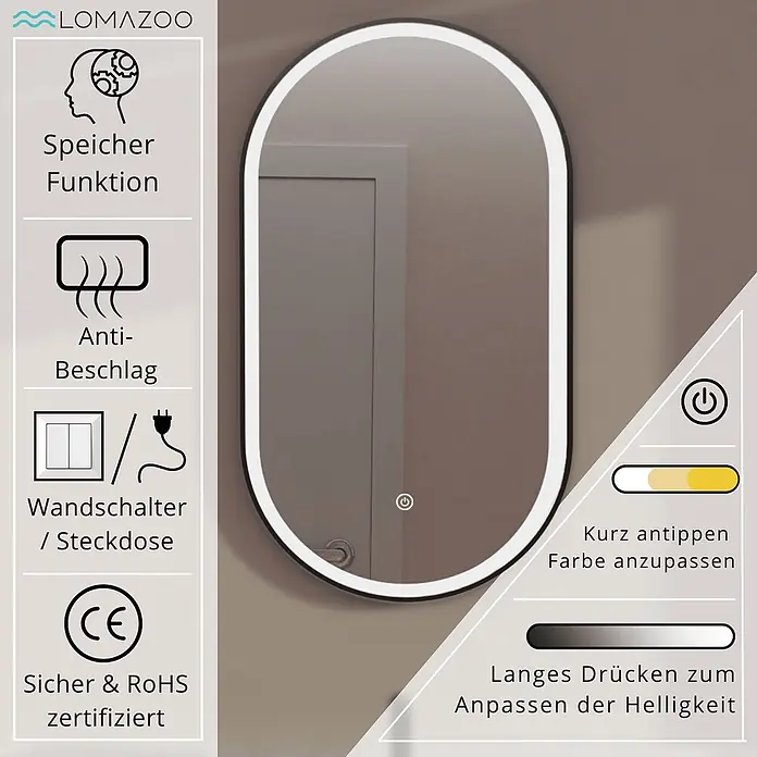 LOMAZOO Lichtspiegel LMZ-LEIPZIG - Schwarz - Ovaler LED-Badezimmerspiegel mit Antibeschlagfunktion und Touch-Steuerung für einstellbare Lichtfarbe und Helligkeit.