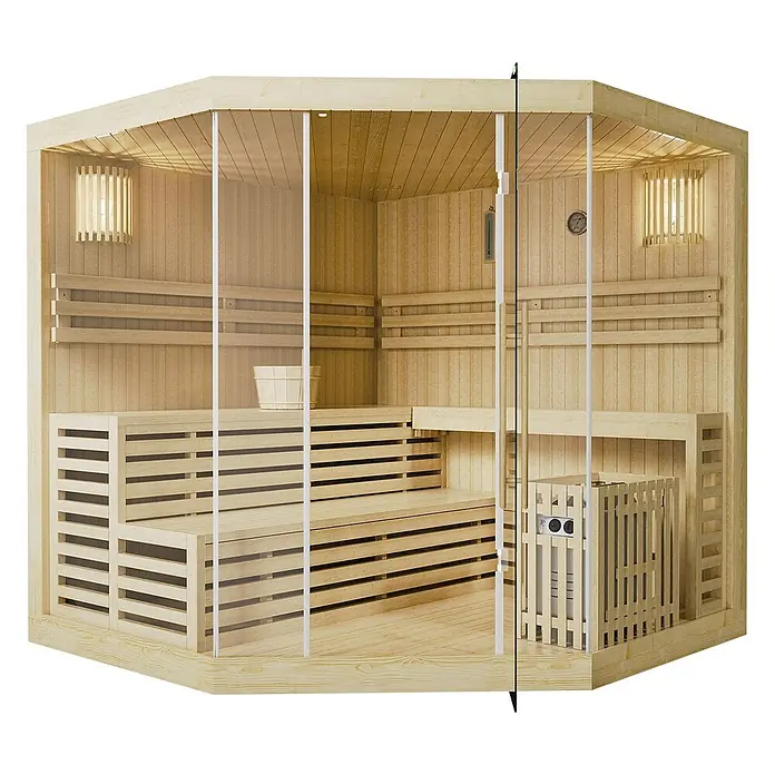 Artsauna Elementsauna Espoo - L x B x H: 200 x 200 x 200 cm - Ecksaunakabine aus hellem Holz mit Glastür, Bänken und Heizgerät im Inneren.