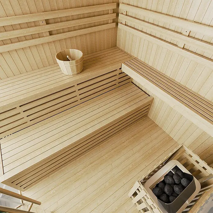 Artsauna Elementsauna Espoo - L x B x H: 200 x 200 x 200 cm - Helles Holz-Sauna-Interieur mit gestuften Bänken, Holzeimer und Saunaofen mit Steinen.