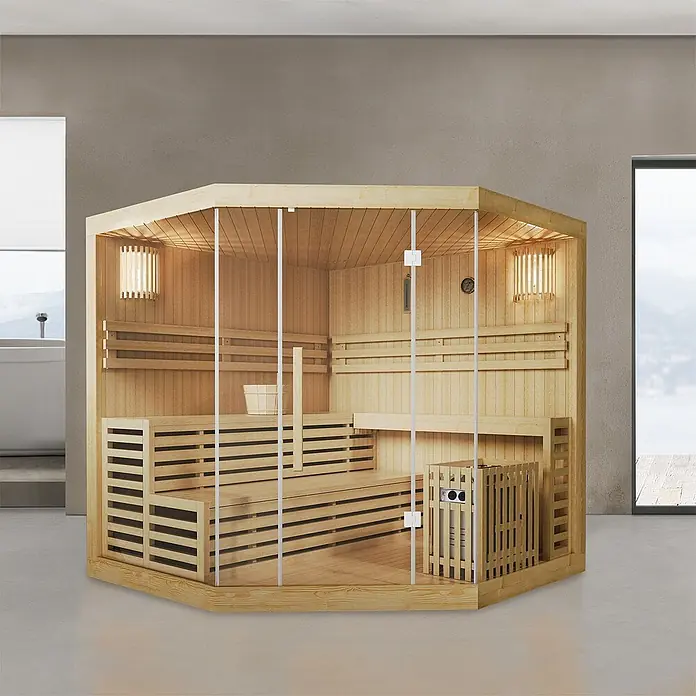 Artsauna Elementsauna Espoo - L x B x H: 200 x 200 x 200 cm - Moderne helle Holzsaunakabine mit Glaswänden, Bänken und Heizung.