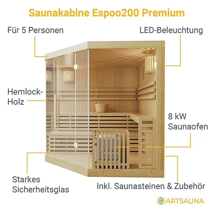 Artsauna Elementsauna Espoo - L x B x H: 200 x 200 x 200 cm - Eine helle Saunakabine aus Hemlockholz mit großer Sicherheitsglasfront für 5 Personen, innen mit LED-Beleuchtung und 8 kW Saunaofen.