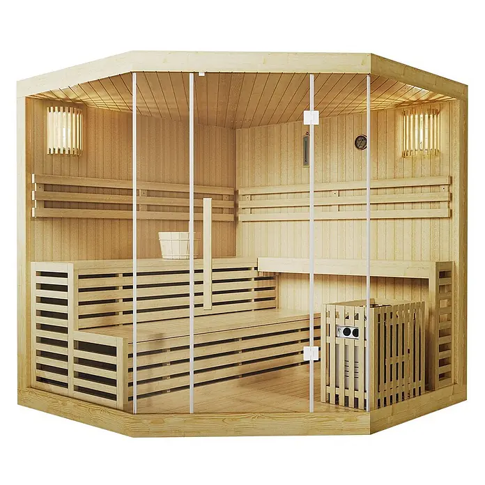 Artsauna Elementsauna Espoo - L x B x H: 200 x 200 x 200 cm - Ecksauna aus hellem Holz mit Glastür, Innenbänken und Heizgerät.