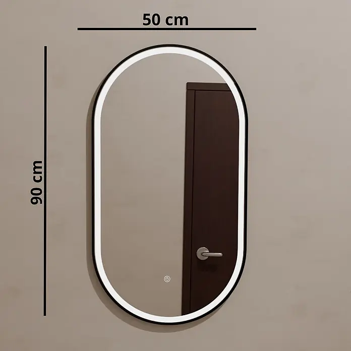 LOMAZOO Lichtspiegel LMZ-LEIPZIG - Schwarz - Ovaler Spiegel mit schwarzem Rahmen und beleuchtetem Rand, 90 cm hoch und 50 cm breit.