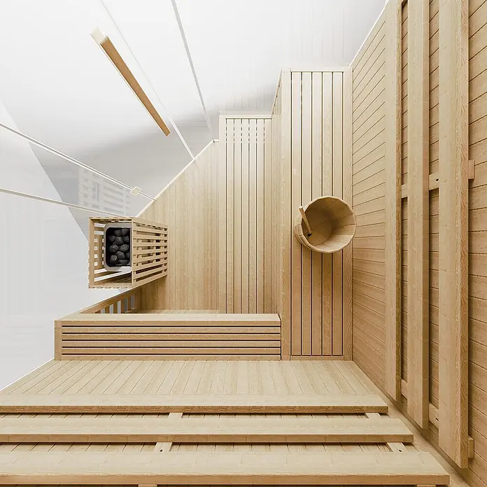 Artsauna Elementsauna Espoo - L x B x H: 200 x 200 x 200 cm - Heller Holz-Saunainnenraum mit mehrstufigen Bänken, einem Heizofen mit Steinen und einem Holzeimer mit Schöpfkelle.