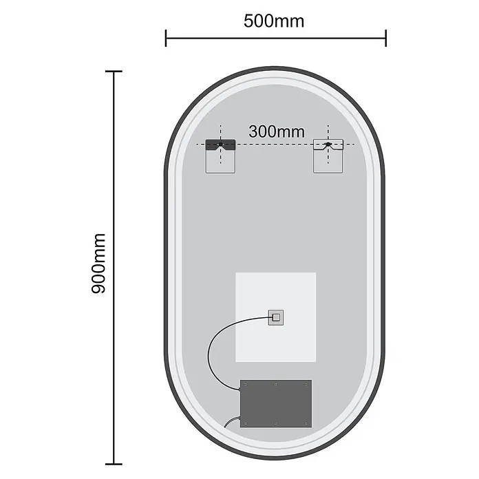 LOMAZOO Lichtspiegel LMZ-HAMBURG - Schwarz - Technische Zeichnung eines 900x500mm ovalen Spiegels mit Aufhängungen und elektrischen Komponenten auf der Rückseite.