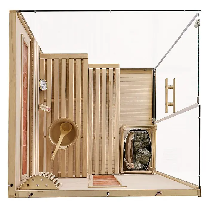 Artsauna Elementsauna Vantaa - L x B x H: 120 x 120 x 200 cm - Hölzernes Sauna-Interieur mit Glastür, inklusive Heizgerät mit Steinen, Thermometer und Holzkübel mit Schöpfkelle.
