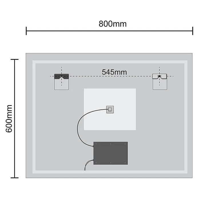 LOMAZOO Lichtspiegel LMZ-BRYCE - Glänzend weiß - Rückseite eines rechteckigen Spiegels, 800x600mm, mit 545mm Montagepunkten, elektrischen Anschlüssen und Steuerkasten.