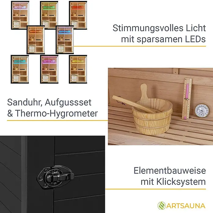 Artsauna Elementsauna Vantaa - L x B x H: 120 x 120 x 190 cm - Hölzerne Saunakabine mit mehrfarbiger LED-Beleuchtung, modularer Bauweise, Sanduhr, Aufgussset und Thermo-Hygrometer.