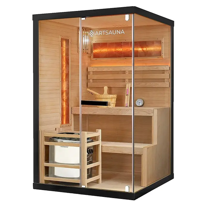 Artsauna Elementsauna Vantaa - L x B x H: 120 x 120 x 190 cm - Moderne Holzsaunakabine mit Glasfront, schwarzem Rahmen, Innenbänken, Ofen und beleuchteten Salzpaneel-Akzenten.