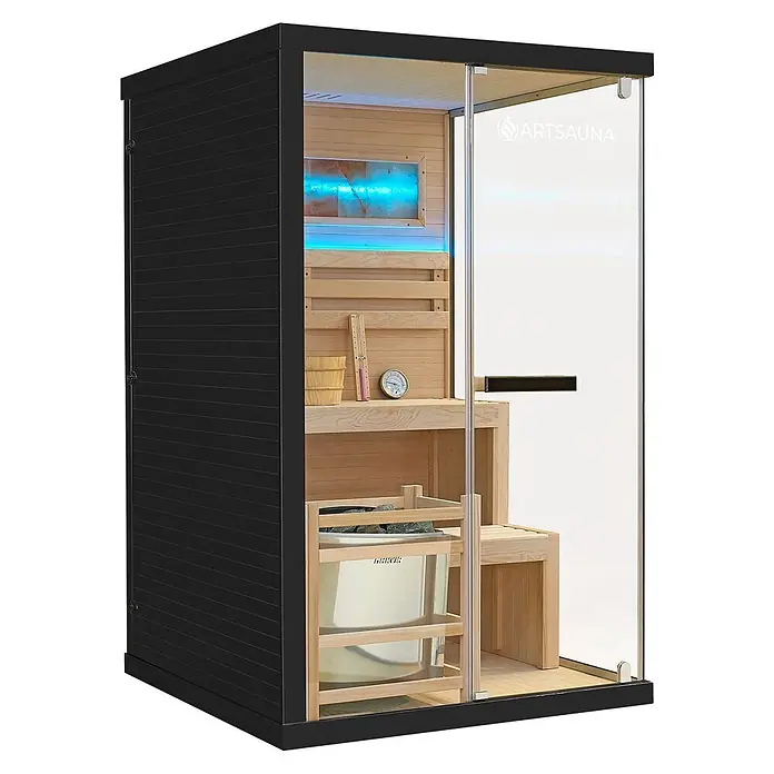 Artsauna Elementsauna Vantaa - L x B x H: 120 x 120 x 200 cm - Moderne Sauna in Schwarz und Holz mit Glastür, Innenbänken, Salzlampe mit blauem Licht und Zubehör für Entspannung.