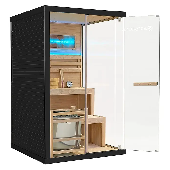Artsauna Elementsauna Vantaa - L x B x H: 120 x 120 x 190 cm - Moderne Sauna mit schwarzem Äußeren, hellem Holzinterieur, Glastür und blau beleuchteter Himalaya-Salzwand.