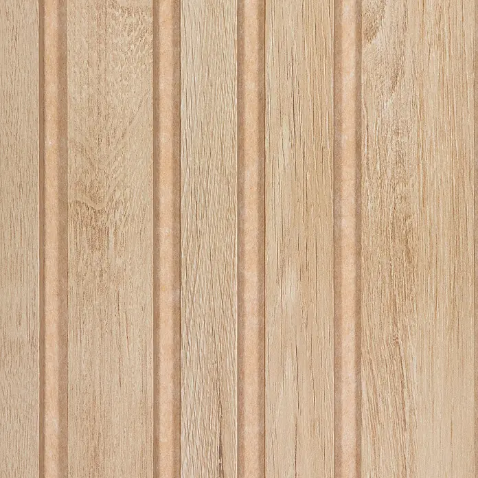 CanDo Akustikpaneel Blend - Eiche Natur Uni, 2.600 x 300 x 17 mm, 2 Stk. - Hellbraune Holzverkleidung mit vertikalen Rillen, die eine gerippte Textur bietet.