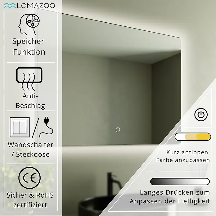LOMAZOO Lichtspiegel LMZ-BRYCE - Glänzend weiß - Beleuchteter Badspiegel mit Memory, Antibeschlag und einstellbarer Beleuchtung.