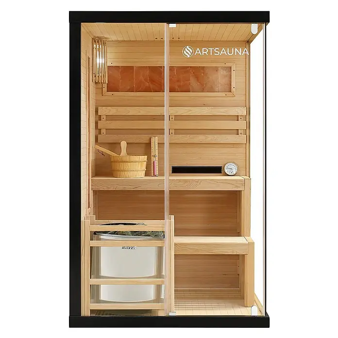 Artsauna Elementsauna Vantaa - L x B x H: 120 x 120 x 190 cm - Hölzerne Saunakabine mit Glastür, schwarzem Rahmen, Salzpaneelen, Ofen, Bänken und Zubehör.
