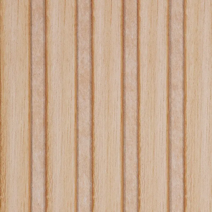 CanDo Akustikpaneel Ellips - Eiche Natur Uni, 2.600 x 300 x 17 mm, 2 Stk. - Hellbraune Holzvertäfelung mit vertikalen Rillen.