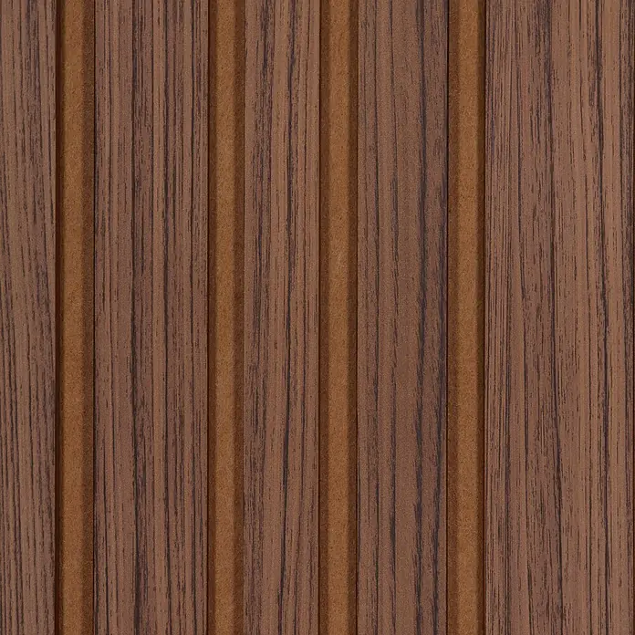 CanDo Akustikpaneel Blend - Walnuss Uni, 2.600 x 300 x 17 mm, 2 Stk. - Braune Holzverkleidung mit vertikalen dunklen Maserungsbrettern, die sich mit schmaleren, helleren Textilstreifen abwechseln.