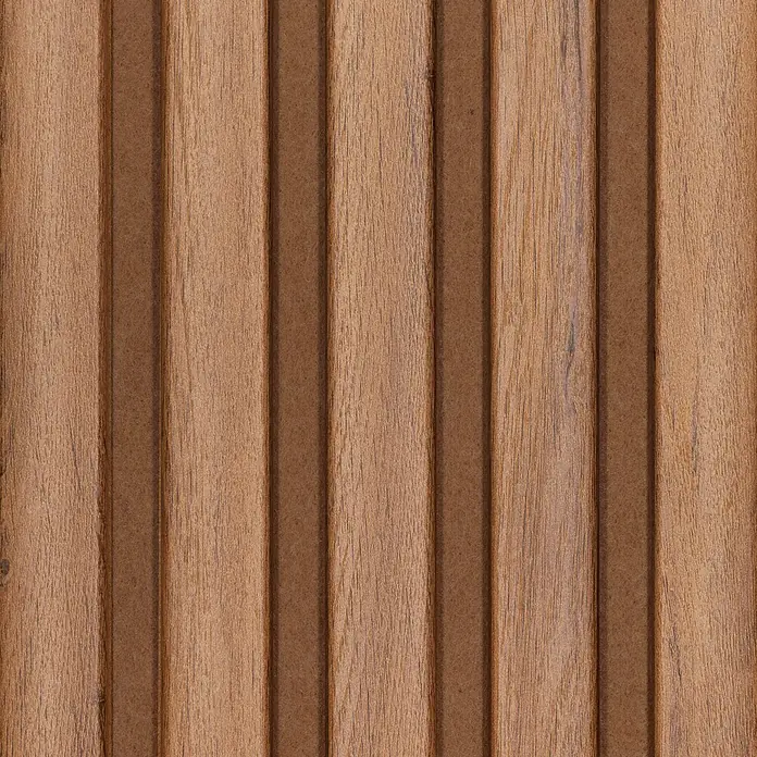 CanDo Akustikpaneel Ellips - Eiche Rustikal Uni, 2.600 x 300 x 17 mm, 2 Stk. - Vertikale braune Holzpaneele mit Textur und ausgeprägter Maserung.
