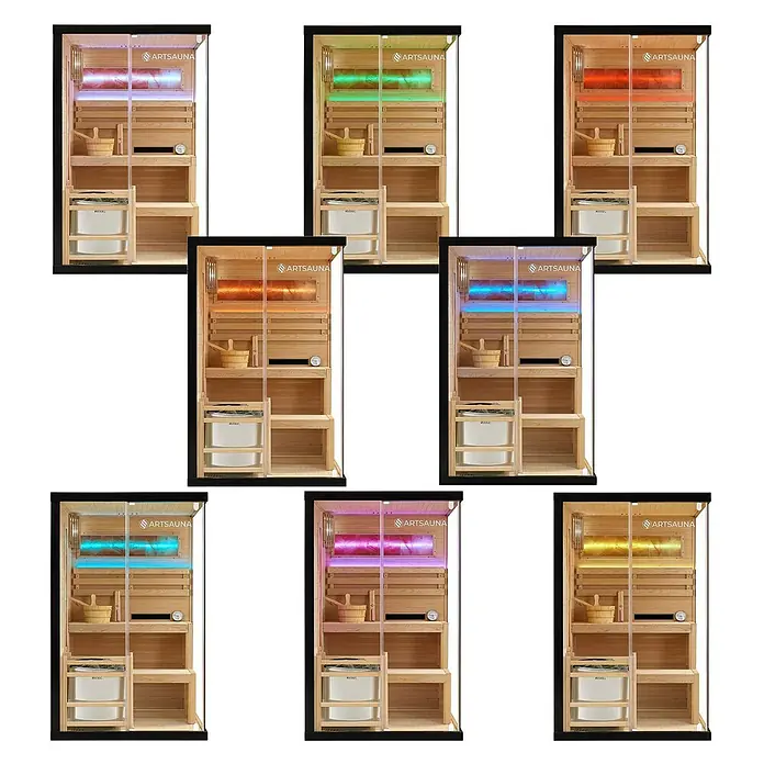 Artsauna Elementsauna Vantaa - L x B x H: 120 x 120 x 200 cm - Eine hölzerne Saunakabine mit Glasfront und schwarzem Rahmen, ausgestattet mit anpassbarer LED-Innenbeleuchtung in verschiedenen Farben.