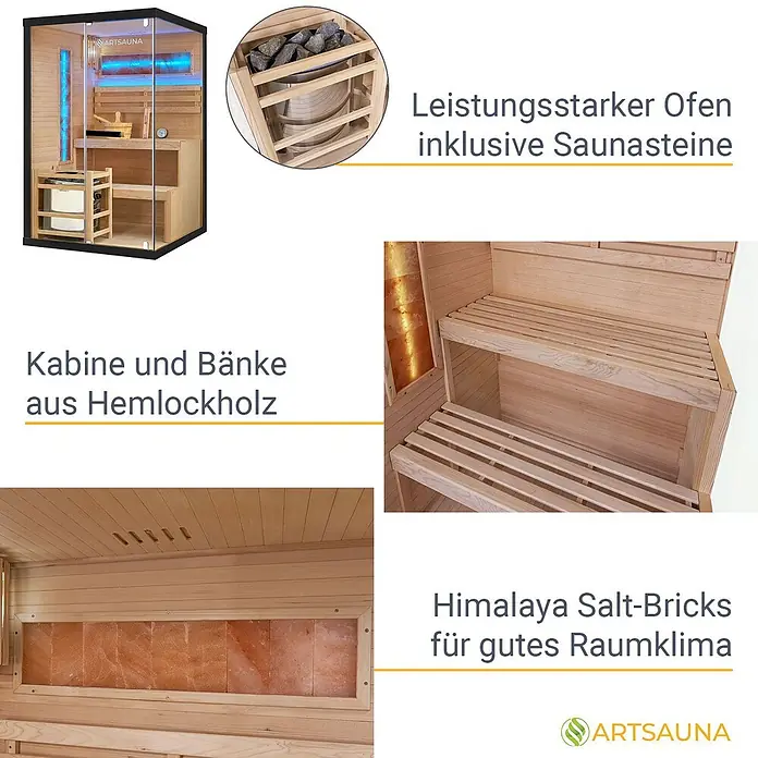 Artsauna Elementsauna Vantaa - L x B x H: 120 x 120 x 190 cm - Moderne Innensaunakabine aus Hemlockholz, mit leistungsstarkem Ofen, Saunasteinen und Himalaya-Salzziegeln für ein angenehmes Klima.