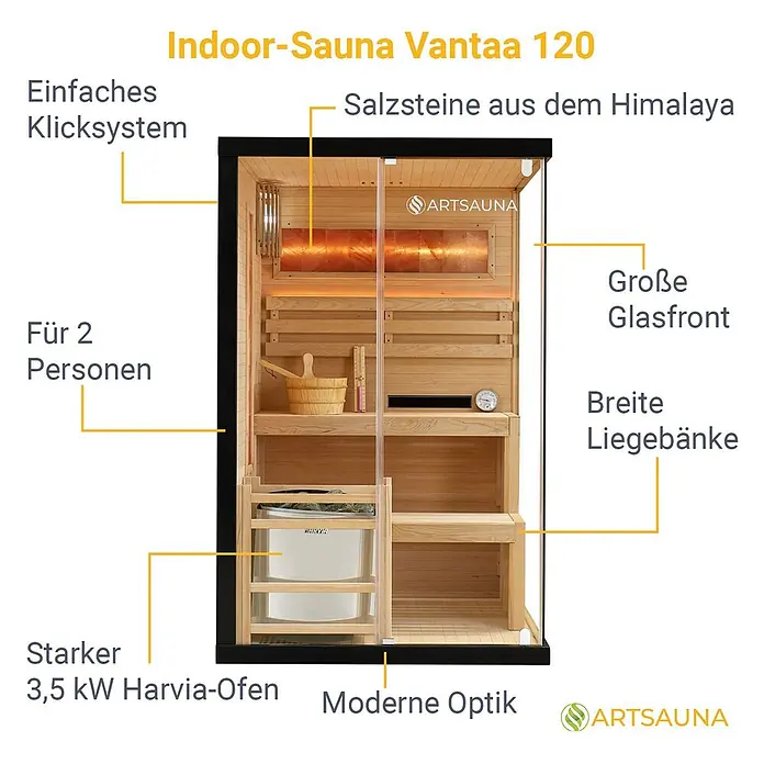 Artsauna Elementsauna Vantaa - L x B x H: 120 x 120 x 190 cm - Hölzerne Innensauna mit Glasfront, Harvia-Ofen und Himalaya-Salzsteinen. Für zwei Personen.