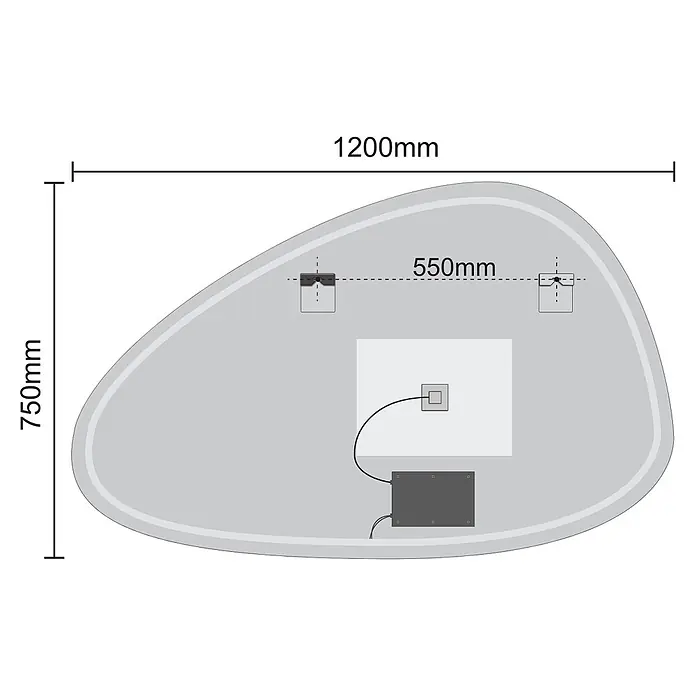 LOMAZOO LED-Badspiegel Sevilla asymmetrisch 120 x 75 cm, beschlagfrei -  - Asymmetrischer grauer Spiegel, 1200x750mm, mit 550mm Abstand zwischen den Befestigungspunkten und internen elektrischen Komponenten.