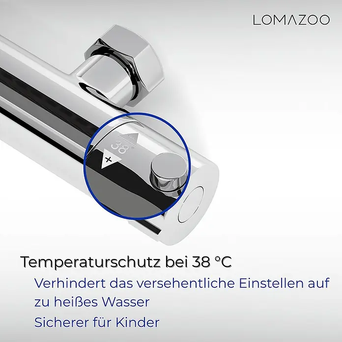 LOMAZOO UP-Brausearmatur 12CM-CHROOM - Chrom - Nahaufnahme des Temperaturreglers eines verchromten Duschthermostats mit 38°C Sicherheitsfunktion.