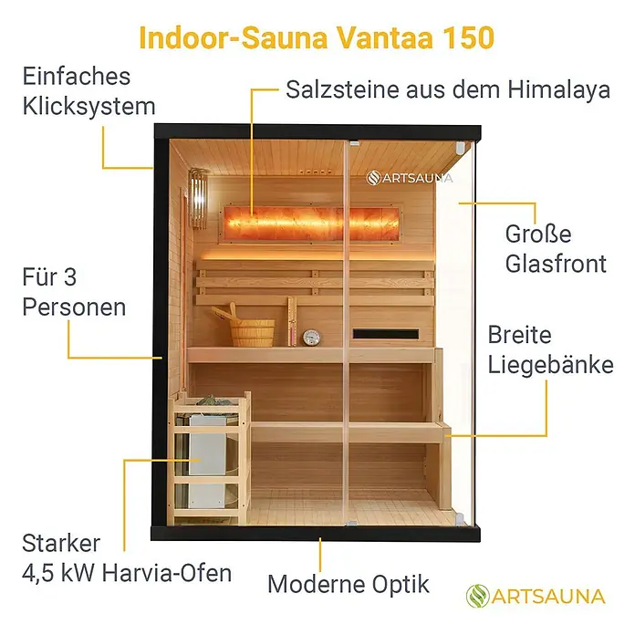 Artsauna Elementsauna Vantaa - L x B x H: 150 x 140 x 190 cm - Moderne Indoor-Sauna aus hellem Holz mit Glasfront, breiten Bänken, 4,5 kW Ofen und Himalaya-Salzsteinen.