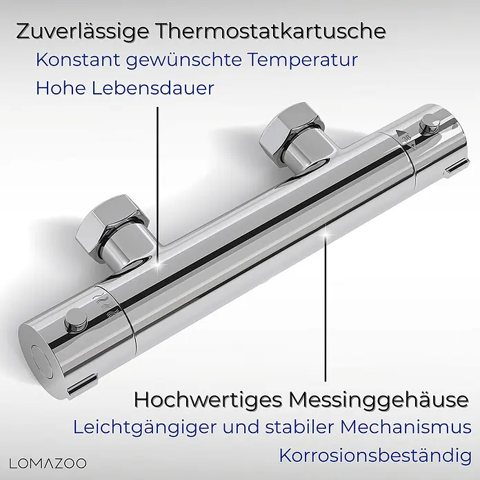 LOMAZOO UP-Brausearmatur 12CM-CHROOM - Chrom - Verchromte Messing-Thermostat-Mischbatterie mit zwei Drehreglern zur präzisen Temperatur- und Mengensteuerung.