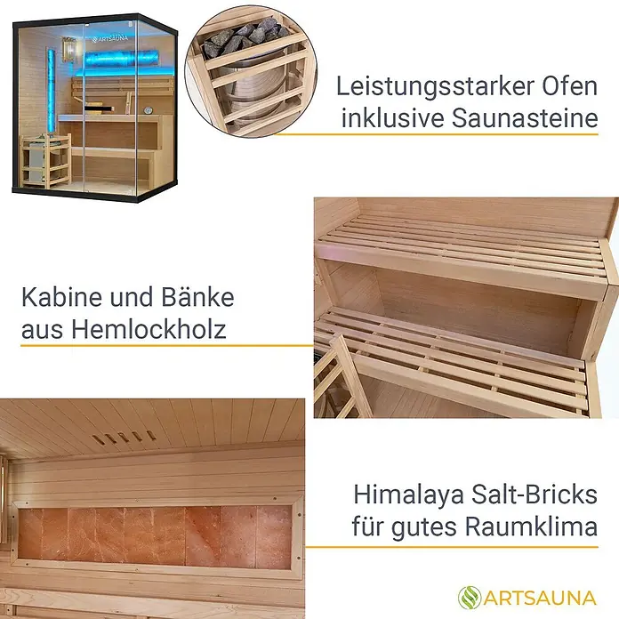 Artsauna Elementsauna Vantaa - L x B x H: 150 x 140 x 190 cm - Saunakabine aus Hemlockholz mit leistungsstarkem Ofen, Saunasteinen und Himalaya-Salzziegeln.
