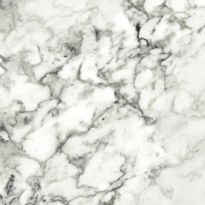 Wetwall Wandpaneel Elite - 120 x 242 cm, Romana Marble, Nut & Feder System - Weiße Marmoroberfläche mit aufwendiger grauer und schwarzer Maserung.