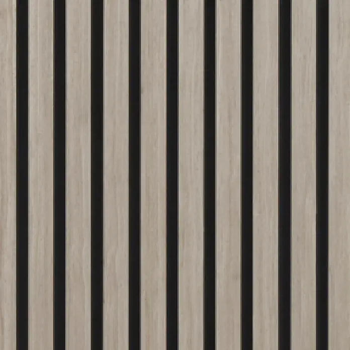 FibroTech Akustikpaneel Quanti - Grey, 2.440 x 520 x 18 mm - Helle Holz-Akustikpaneele mit vertikalen Lamellen und dunkler Rückseite.