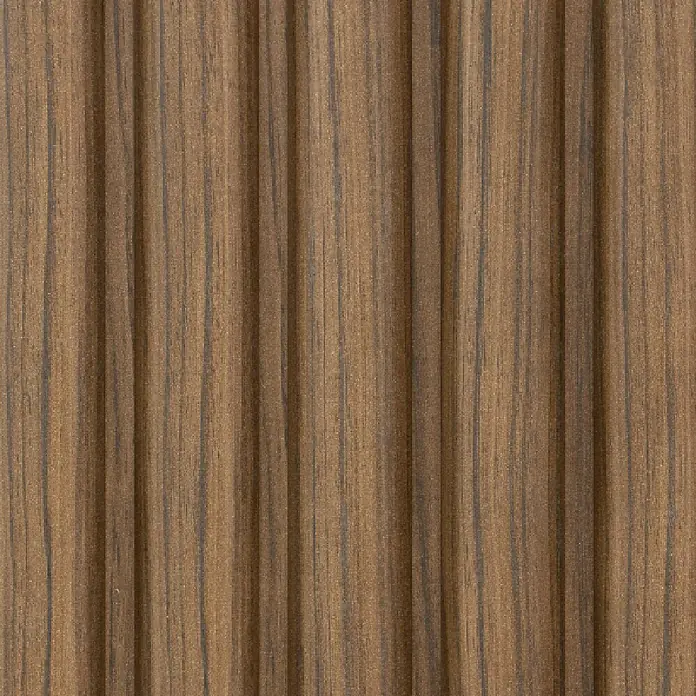CanDo Akustikpaneel Curve - Walnuss Uni, 2.600 x 300 x 19 mm, 2 Stk. - Braune gerippte Holzverkleidung mit vertikaler dunkler Maserung.