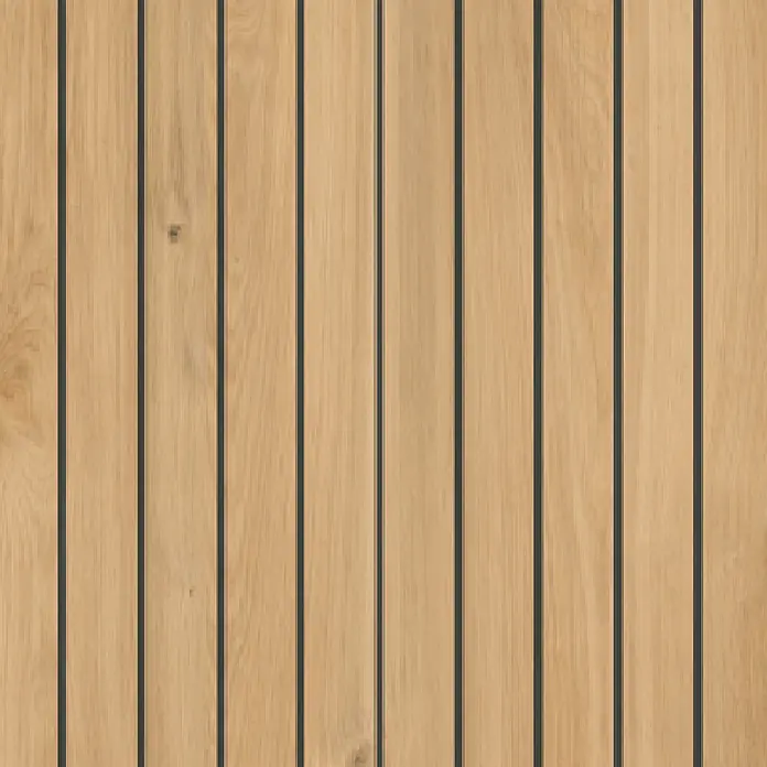 LOGOCLIC Wandpaneel Designwall - Lightwood, 265 x 123 cm - Helle Holzvertäfelung mit vertikalen Planken und dunklen Fugen.