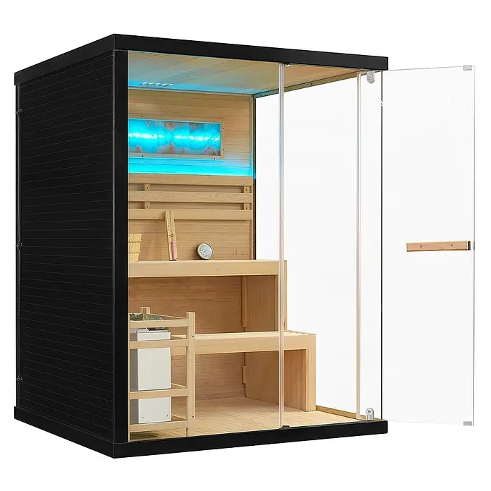 Artsauna Elementsauna Vantaa - L x B x H: 150 x 140 x 190 cm - Eine moderne schwarze Saunakabine mit klarer Glastür, hellem Holzinterieur und blauer Akzentbeleuchtung.