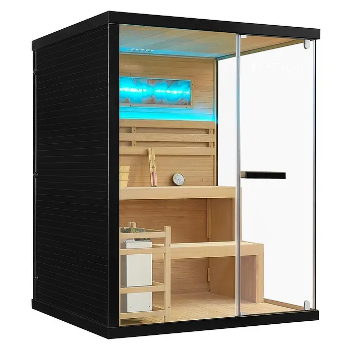 Artsauna Elementsauna Vantaa - L x B x H: 150 x 140 x 190 cm - Moderne Sauna in Schwarz und Holz mit Glastür, blauer LED-Beleuchtung und Innenbänken.
